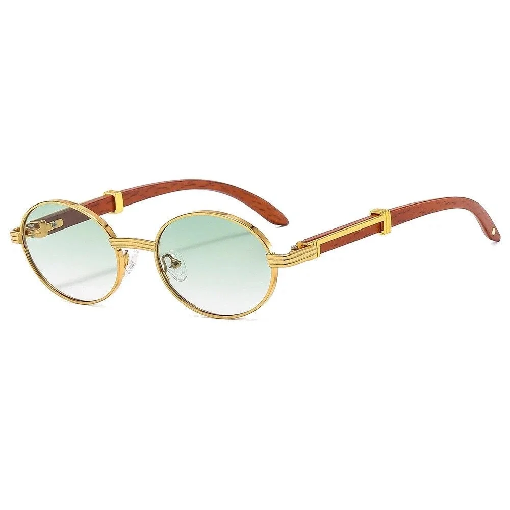 Mens Gold Round Sunglasses‎ Green Gradient Lenses Wood Accents UV400 Protection